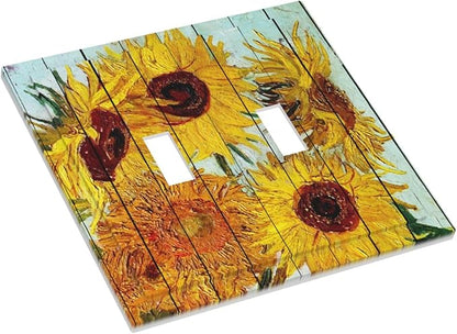 Decorative Switch Plates Sunflowers Oil Paintings Wood Floral 2 Gang Double Toggle Outlet Light Switch Cover Wall Plate Electrical Faceplate For Farmhouse Bed Room Decor