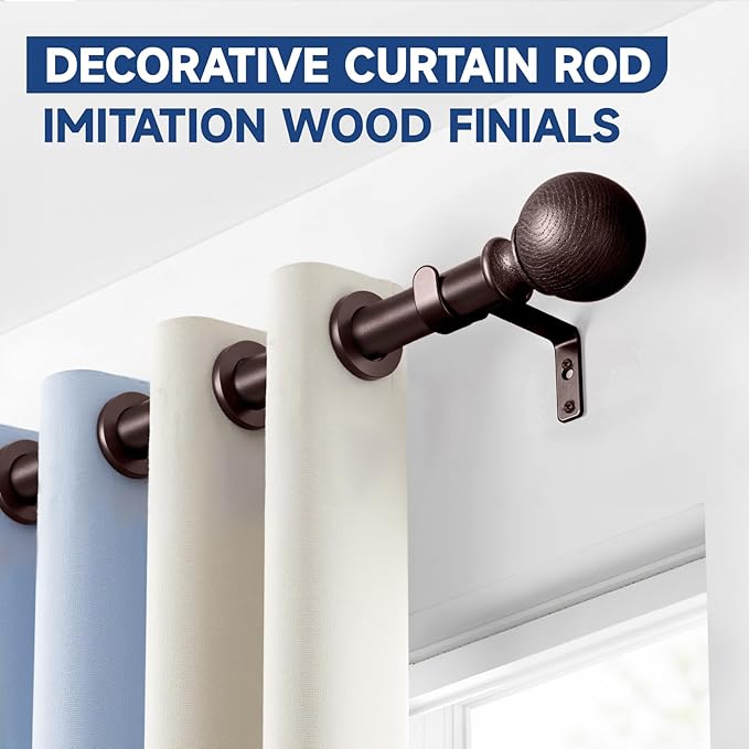 BRIOFOX Bronze Curtain Rods for Windows 66 to 120 Inch(5.5-10ft) - 1'' Diameter Heavy Duty Curtain Rods with Imitation Wood Grain Pattern Finials,Adjustable Decorative Curtain Rods Set,28-120''