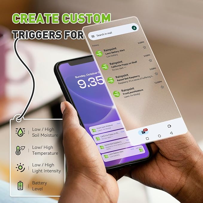 RainPoint 3-in-1 APP Remote Monitoring WiFi Soil Moisture Meter for Plants Indoor/Outdoor,IP66 Waterproof Sensor Only Can Not Use Alone,Smart Wireless Temperature Sunlight Hygrometer