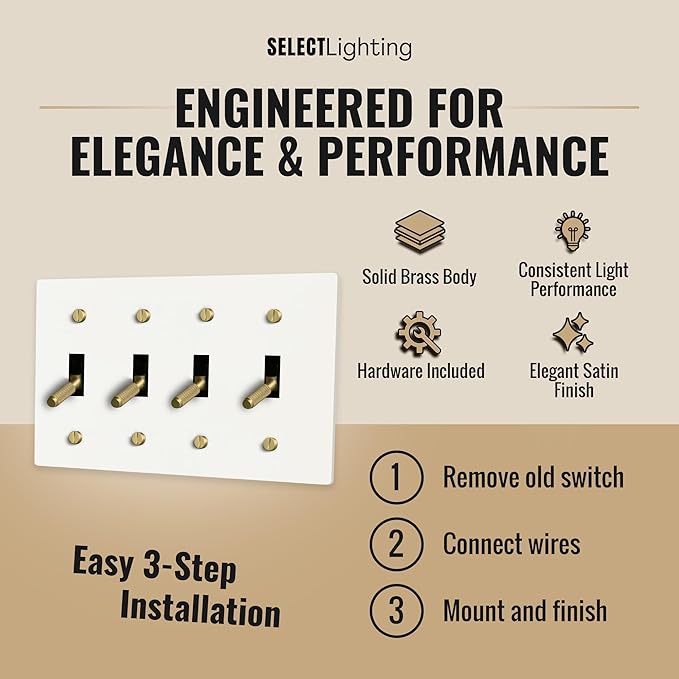 Select 15A 120V AC 4-Gang Toggle Switch, White with Solid Brass Vintage Style Single Pole 3 Way Compatible Wall Mount Toggle Switch, Included Faceplate & Switch Module, UL Listed