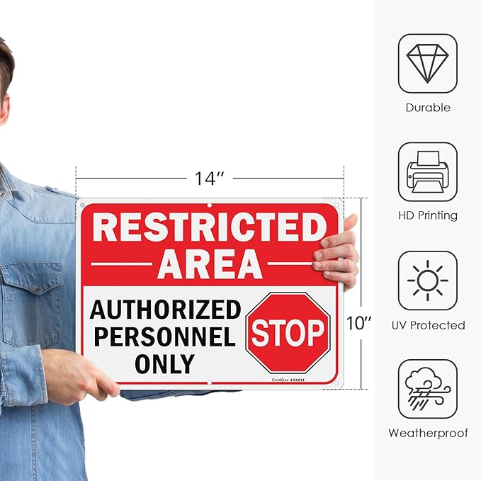 GicnKeuz Large Restricted Area Sign, 14x10 Inches Do Not Enter - Authorized Personnel Only Signs, Rust Free.40 Reflective Aluminum, Fade Resistant/Waterproof, 6 Pre-drilled Holes (2 Pack)
