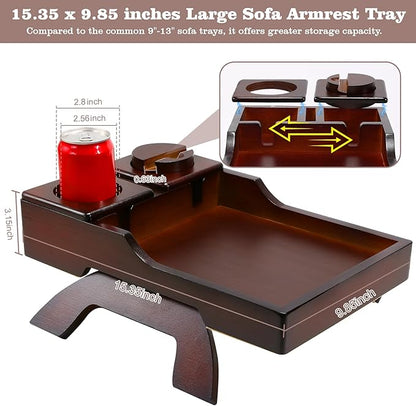 Couch Cup Holder Tray, 15.4"x9.9" Large 4 in 1 Couch Armrest Table with 360°Rotated Phone Holder, Non-Slip Clip on Side Table for Drinks/Remote/Snacks, Ideal Gift for Husband, Wife, Parents
