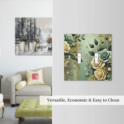 Decorative Light Switch Cover Plate Rustic Green Floral Leaves Teal Flowers Gold Stripe 2 Gang Wall Plate Oversized Double Toggle Two Switch Wall Cover Plate Device Faceplate