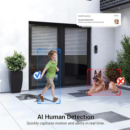1080p Wireless Video Doorbell Camera, Live View, Night Vision, Two Way Audio, Cloud Storage, AI Motion Detection, Indoor/Outdoor Surveillance, Battery Powered, 2.4G WiFi Only