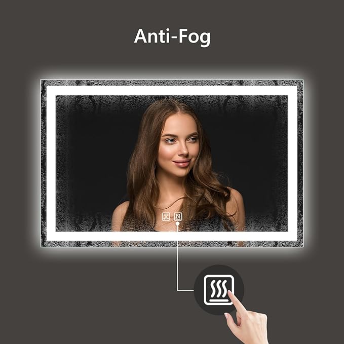APRILSOUL 36x24 Inch LED Bathroom Mirror with Front and Backlit, Makeup Mirror with 3 Color Lights, Memory Function, Anti-Fog and Dimmable Light (Horizontal)