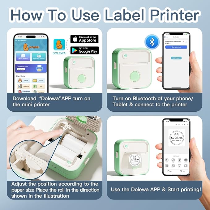 Label Maker Machine, HD Mini Sticker Printer with 7 Rolls Paper, Portable Thermal Print Pod Supports 12-57mm Papers, Bluetooth Pocket Printer for Home, Kitchen, School (Green)