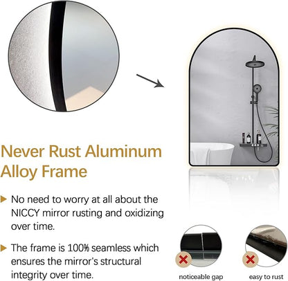 Niccy Arched LED Lighted Bathroom Mirror, 36x24 Inch Backlit Vanity Mirror with Lights Brushed Black Framed Wall Mounted Mirrors with Dimmable 3 Color Shatterproof Arch Smart Fog Free Mirror