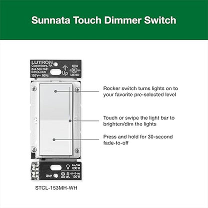 Lutron Sunnata Touch Dimmer Light Switch with Wallplate, LED+ Advanced Technology for LED and Incandescent, 3 Way/Multi Location, STCL-153MW-WH, White