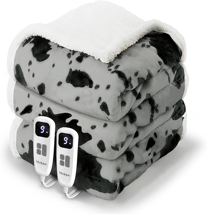 Cow Print Heated Electric Blanket King Size-Dual Control Heating Blanket King Size with 10 Heat Levels & 10 Hours Auto-Off, Cozy Soft Fleece Sherpa, Washable, 90x100 Inche Cow Print Grey