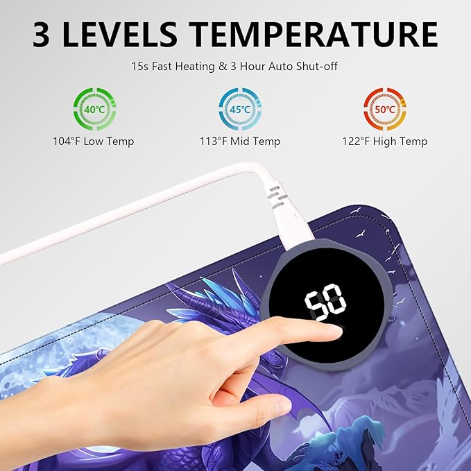 Heated Mouse Pad with 3 Levels Heated & 3 Hours Auto Shut-Off Mouse Pad for Warming Hands in Office Home, 31.5" x 13"Large Safe Desk Mat Hand Warmer，Angry Flying Dragon