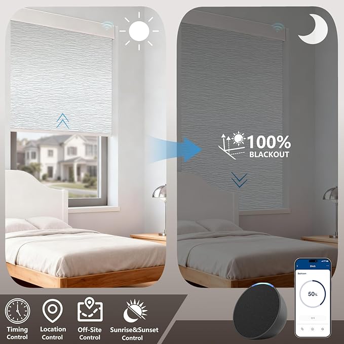 Smart Motorized Blinds – 100% Blackout Roller Shades with Remote, Alexa/Google Home/Siri Control, Matter Compatible, Wireless Rechargeable Battery, Custom Sizes for Windows & Sliding Doors