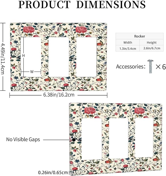 Light Switch Covers Vintage Flowers Rose Leaf Bird Butterfly 3 Gang Rocker Electrical GFCI Decorative Triple Outlet Wall Plate Cover Switchplate for Bedroom living Room Decor
