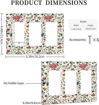 Light Switch Covers Vintage Flowers Rose Leaf Bird Butterfly 3 Gang Rocker Electrical GFCI Decorative Triple Outlet Wall Plate Cover Switchplate for Bedroom living Room Decor