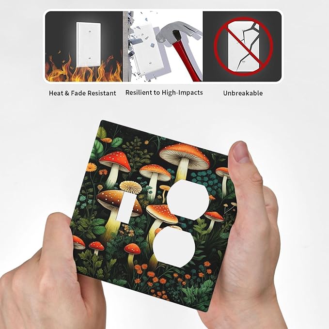 Decorative Outlet Covers Red Mushroom Flowers Green Leaf Plants 2 Gang Wall Plate Single Toggle Duplex Light Switch Cover Switch Plate Covers Faceplate for Bedroom Home Decor