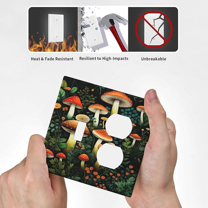 Decorative Outlet Covers Red Mushroom Flowers Green Leaf Plants 2 Gang Wall Plate Single Toggle Duplex Light Switch Cover Switch Plate Covers Faceplate for Bedroom Home Decor
