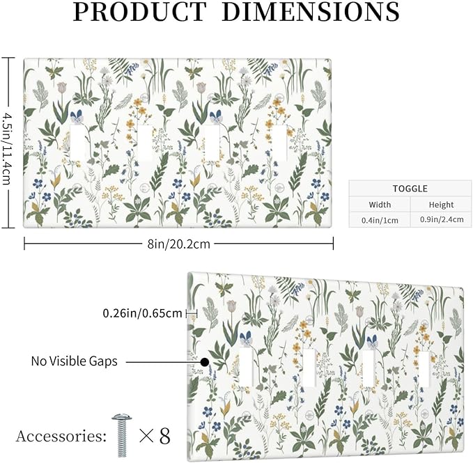Light Switch Covers Floral Green Leaf Plant Flowes Quad Toggle Electrical Faceplate 4 Gang Wall Plate Decorative Switch Plates For Bed Room Farmhouse Decor