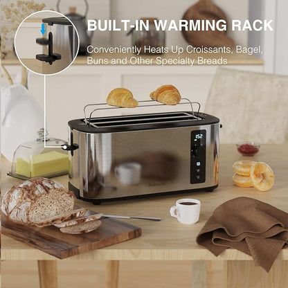 Toaster 4 Slice with Countdown Timer, Extra Wide Slots for Bagels and Waffles, 6 Browning Settings, Removable Crumb Tray, Stainless Steel