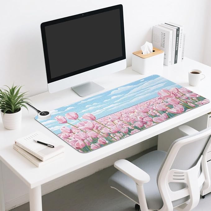 Heated Desk Pad Mouse Pad 31.5x13 Inch PU Leather Desk Mat with 3 Heat Levels Large Mouse Gaming Computer Laptop Mat Pink Tulip Field and Blue Sky