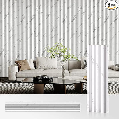 OUZUGIE WPC Acoustic Slat Wall Paneling, 8-Pack 114 x 6 Inches 3D Wall Panels for Interior Wall Decor,Living Room,TV Background,Study Room,Office Spaces,Bedroom,High Grille (White)