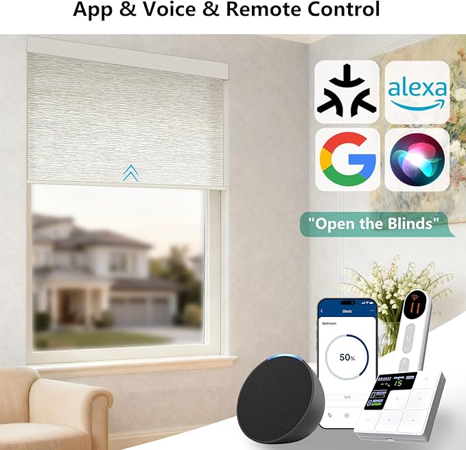 Smart Motorized Blinds – 70% Blackout Roller Shades with Remote, Alexa/Google Home/Siri Control, Matter Compatible, Wireless Rechargeable Battery, Custom Sizes for Windows & Sliding Doors