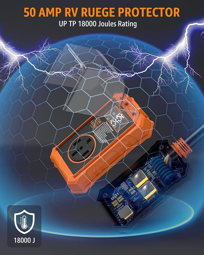 RV Surge Protector 50 Amp with Smart LED Display, 18000J Circuit Analyzer Waterproof with Auto Shutoff & Reset for High/Low Voltage, 50 Amp Rv Surge Protector for Camper, Travel Trailer