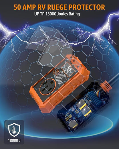 RV Surge Protector 50 Amp with Smart LED Display, 18000J Circuit Analyzer Waterproof with Auto Shutoff & Reset for High/Low Voltage, 50 Amp Rv Surge Protector for Camper, Travel Trailer