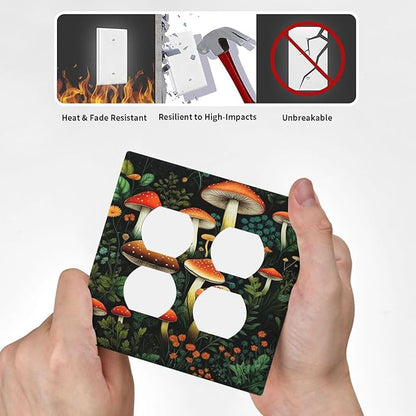 Decorative Outlet Covers Red Mushroom Flowers Green Leaf Plants 2 Gang Wall Plate Double Duplex Light Switch Cover Switch Plate Covers Faceplate for Bedroom Home Decor