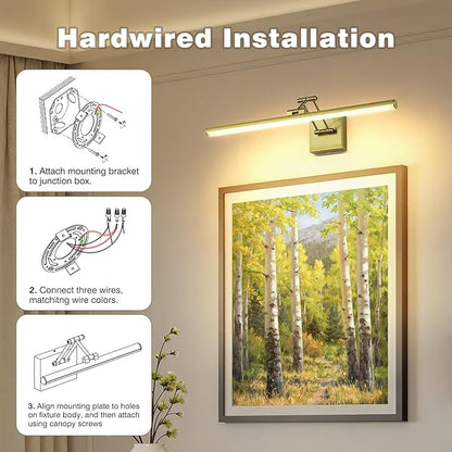 Joossnwell Hard-Wired Picture Light for Wall Brass Art Lighting Dimmable Gallery Light 23.39 inch Picture Frame Light with Adjustable Swing Arm for Painting Library Display Artwork Museum Warm White