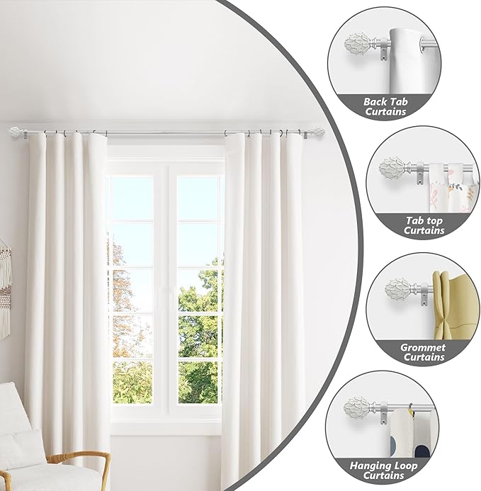 Curtain Rods for Windows 48 to 84 Inches 1 Inch Diameter Adjustable Drapery Rod Decorative Single Window Curtain Rods with Classic Finials,Silver