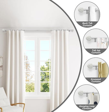 Curtain Rods for Windows 48 to 84 Inches 1 Inch Diameter Adjustable Drapery Rod Decorative Single Window Curtain Rods with Classic Finials,Silver
