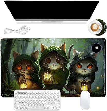 Heated Mouse Pad, Warm Desk Pad, Keyboard Mat 23.6 x 14 Inch Intelligent Fast Heating, 3 Speed Adjustable, Timed Auto Power Off for Game Office Home, 3 Cat Apostles Carrying Lanterns