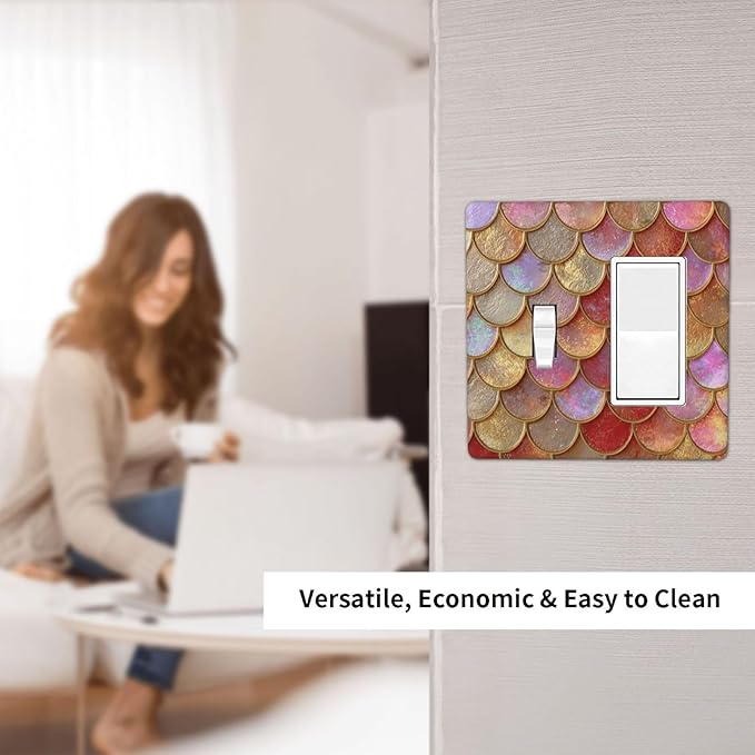 Mermaid Glitter Scale Rainbow Gold Fish Scales Outlet Covers 1 Toggle 1 Rocker Combination Decorative Wall Plate Electrical Switch Plates Light Switch Cover Plate for Bed Room Home Decor