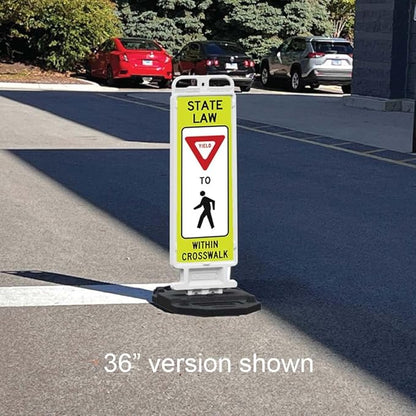 Plasticade Crosscade Crosswalk Sign, 24" Vertical Panel with 12x24 State Law Yield To Pedestrians Sign, Impact-Resistant Rubber Base, Diamond Grade Reflective Background and HIP Sheeting