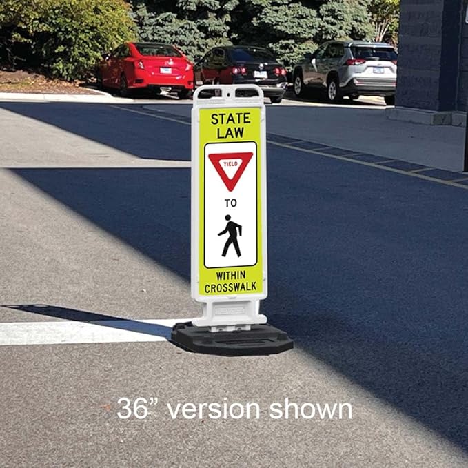 Plasticade Crosscade Crosswalk Sign, 36" Vertical Panel with 12x36 State Law Yield To Pedestrians Sign, Impact-Resistant Rubber Base, Diamond Grade Reflective Background and HIP Sheeting