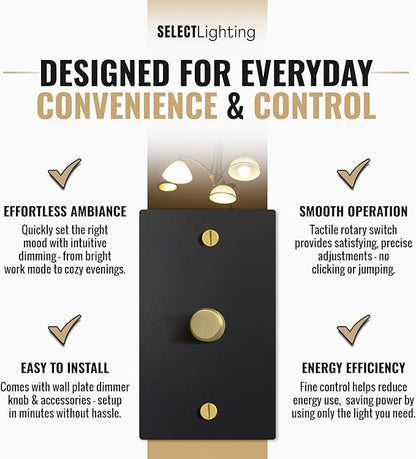 SELECT Black Brass Dimmer Light Switch, 1 Way Rotary Dimmer, 1 Gang TRIAC/Leading Edge Dimmable LED Light Switch, 15A 120V AC with Brass Knob, Faceplate & Dimming Module, UL Listed