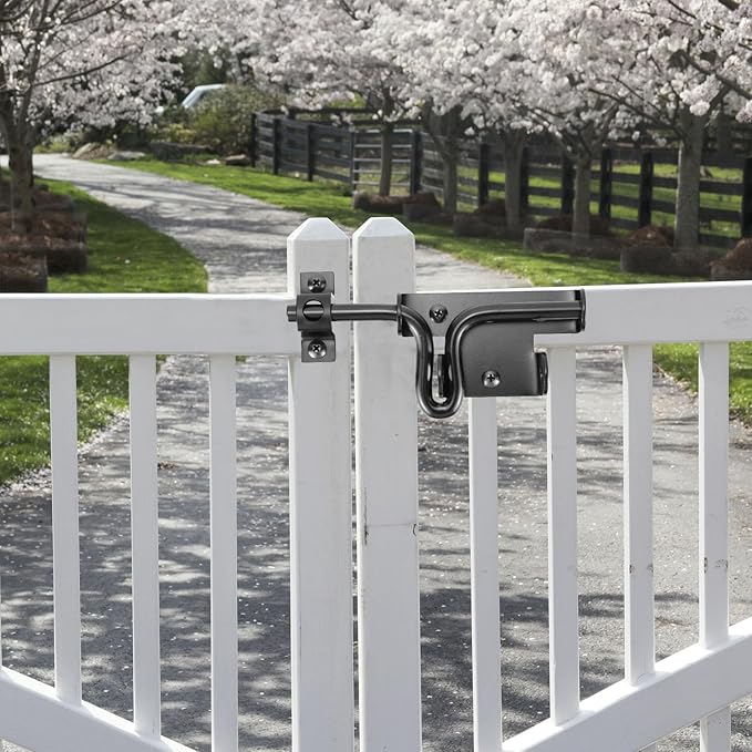 QWORK Slide Bolt Gate Latch, Heavy-Duty Gate Lock with Padlock Hole for Wooden Vinyl Fence Barn Doors – 6-3/8" Black, 2 Pack