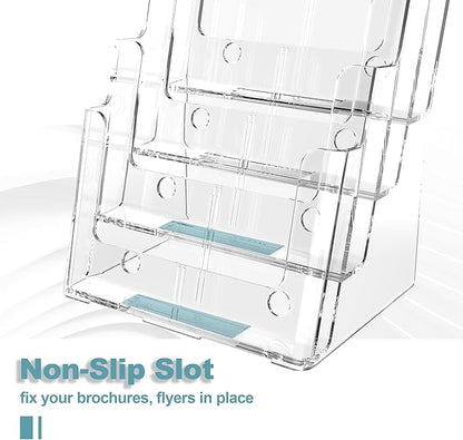 Brochure Holder 8.5x11 Inch 4 Tier with Removable Divider for 4x9 inch Clear Acrylic Pamphlet Display Stand Holder Countertop Use or Wall Mount for Office, Lobby, Hotel, Trade Show, 1 Pack