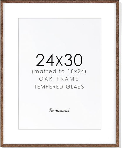 Fun Memories 24x30 Oak Wood Picture Frame, 24"x30" Poster Frame for Wall, 24 by 30 Frame with Tempered Real Glass, 24x30 Matted Frame for 18x24 Picture, 24x30 Inch Photo Frames (Walnut Color, 1 Pack)