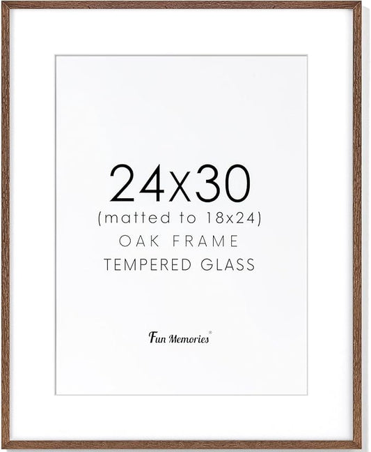 Fun Memories 24x30 Oak Wood Picture Frame, 24"x30" Poster Frame for Wall, 24 by 30 Frame with Tempered Real Glass, 24x30 Matted Frame for 18x24 Picture, 24x30 Inch Photo Frames (Walnut Color, 1 Pack)