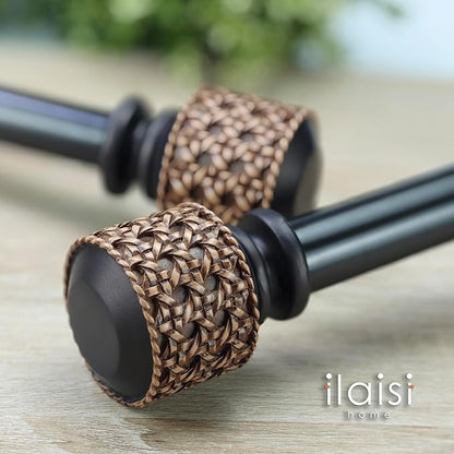 1-1/8 Inch Diameter Dark Bronze Curtain Rods with Faux Rattan Cane Woven Finials, 36-72'' Telescoping Single Curtain Rods for window width 24-68 inch, 1 pack