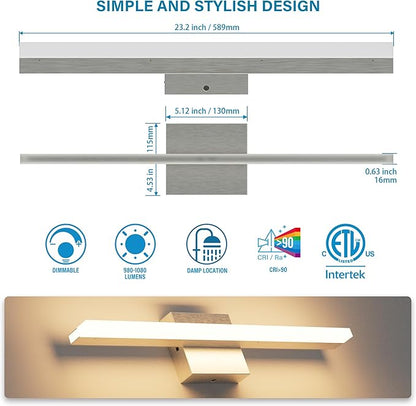ZAGO 24 Inch Bathroom Linear Vanity Light Fixtures Over Mirror - LED Modern Wall Mounted Adjustable Hardwired Picture Lighting Bar with 5CCT Switchable, ETL & Damp Rated, Brushed Nickel, 2 Packs