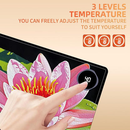 Heated Mouse Pad, Warm Desk Pad, Keyboard Mat 23.6 x 14 Inch Large Size Intelligent Fast Heating, 3 Speed Adjustable, Timed Auto Power Off for Game Office Home, Lotus Flower