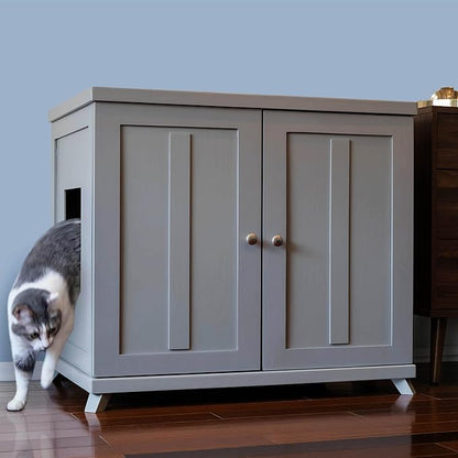 The Refined Feline Cat Litter Box Enclosure Cabinet, Shaker, Smoke Gray, Mid-Century Feet, XLarge, Hidden Litter Cat Furniture with Drawer