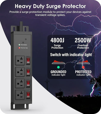 CCCEI Heavy Duty Surge Protector Power Strip 20 Amp Individual Switches. 25FT 12 Gauge Extension Cord with Multiple Outlets. Kitchen, Garage, Shop, Industrial Wall Mount Electric Extender, Black.