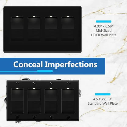 LIDER Matte Finish Quadruple Decorator Switch Cover, Screwless Wall Plate, Mid-Size 4-Gang 4.88" x 8.58", Polycarbonate Thermoplastic, UL Listed, LSWP-34M-BK2P, Black, 2 Pack