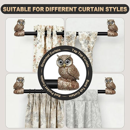 Vintage Decorative Black Curtain Rods for Windows 72 to 144 Inch Adjustable Heavy Duty 1'' Diameter Curtain Rod with Owl Finials for Bedroom Living Room Kitchen Farmhouse (36-150'')