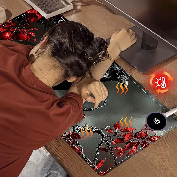 Heated Mouse Pad 31.5x13 in 3-Temp Fast Heating Desk Mat with Auto Timer Warmer for Hands Wrist Pain Relief Waterproof Keyboard Mat for Office, Gaming, Home, Raven Red Berries