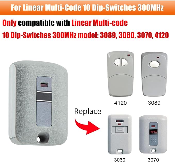 2-Pack Replacement Garage Door Opener Remote for Linear Multi-Code 3089, 308911, 3070, 307010, 10 Dip Switch Gate Opener, 300MHz Compatible