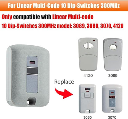 2-Pack Replacement Garage Door Opener Remote for Linear Multi-Code 3089, 308911, 3070, 307010, 10 Dip Switch Gate Opener, 300MHz Compatible