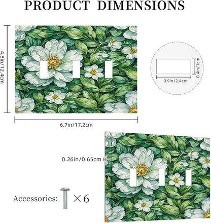 Vintage Floral White Flowers Green Plants Leaves Decorative Switch Plates 3 Gang Wall Plate Triple Toggle Light Switch Cover Electrical Wall Panels Faceplate for Bedroom Bathroom Decor
